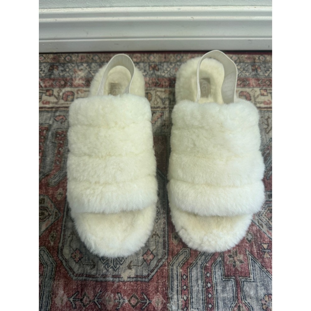 UGG Fluff‎ Yeah Slide Cream White Sheepskin Slingback Slippers 1095119 Womens 10